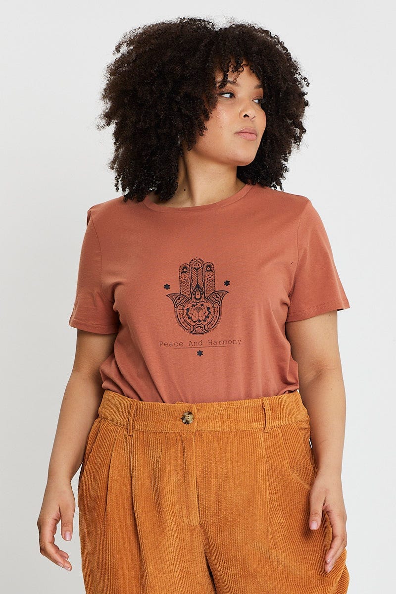 Brown Graphic T-shirt Hand Crew Neck Short Sleeve Cotton