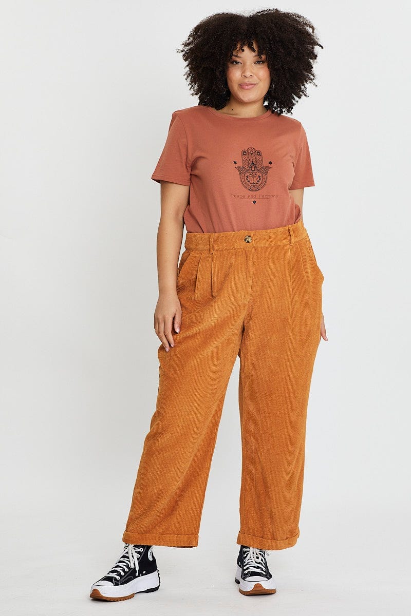 Brown Graphic T-shirt Hand Crew Neck Short Sleeve Cotton - Image 2