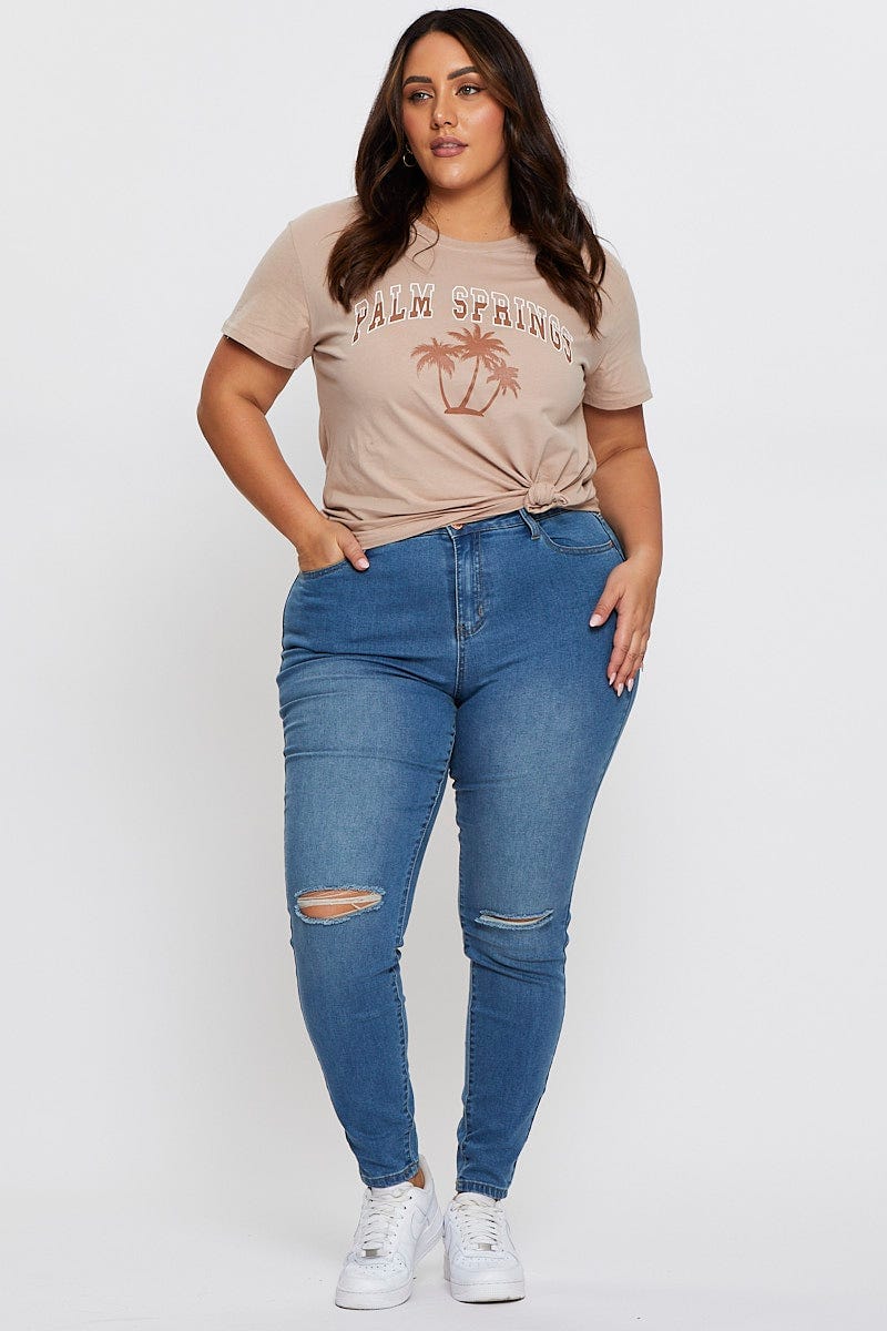 Brown Graphic T-shirt Palm Tree Short Sleeve Cotton - Image 2