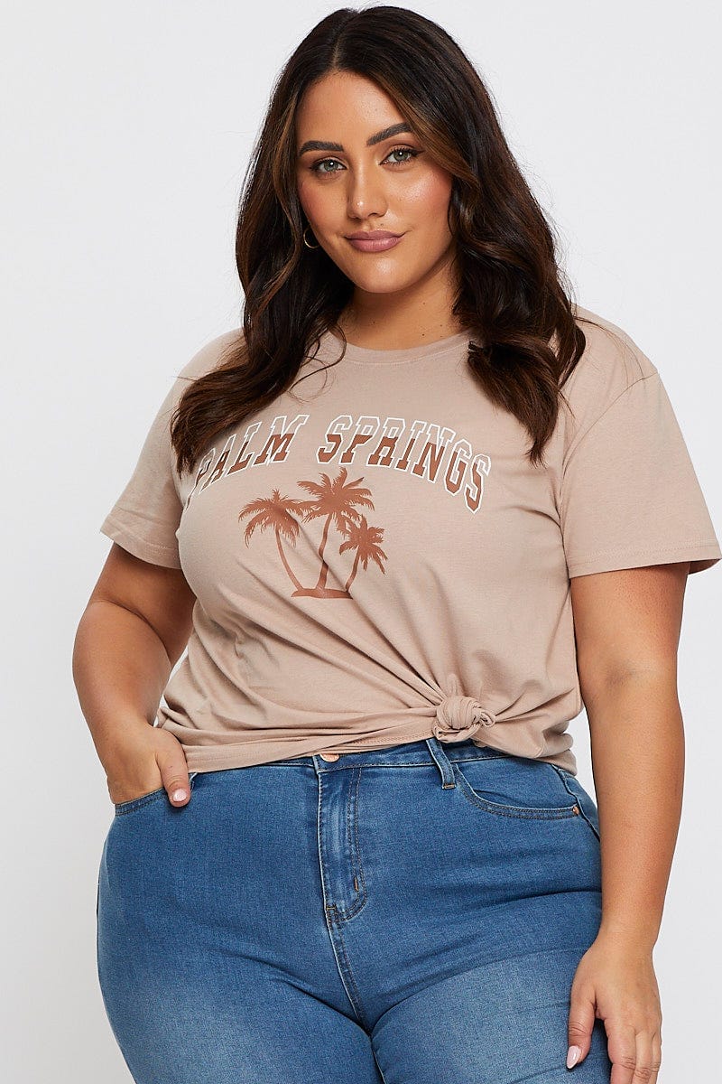 Brown Graphic T-shirt Palm Tree Short Sleeve Cotton - Image 3