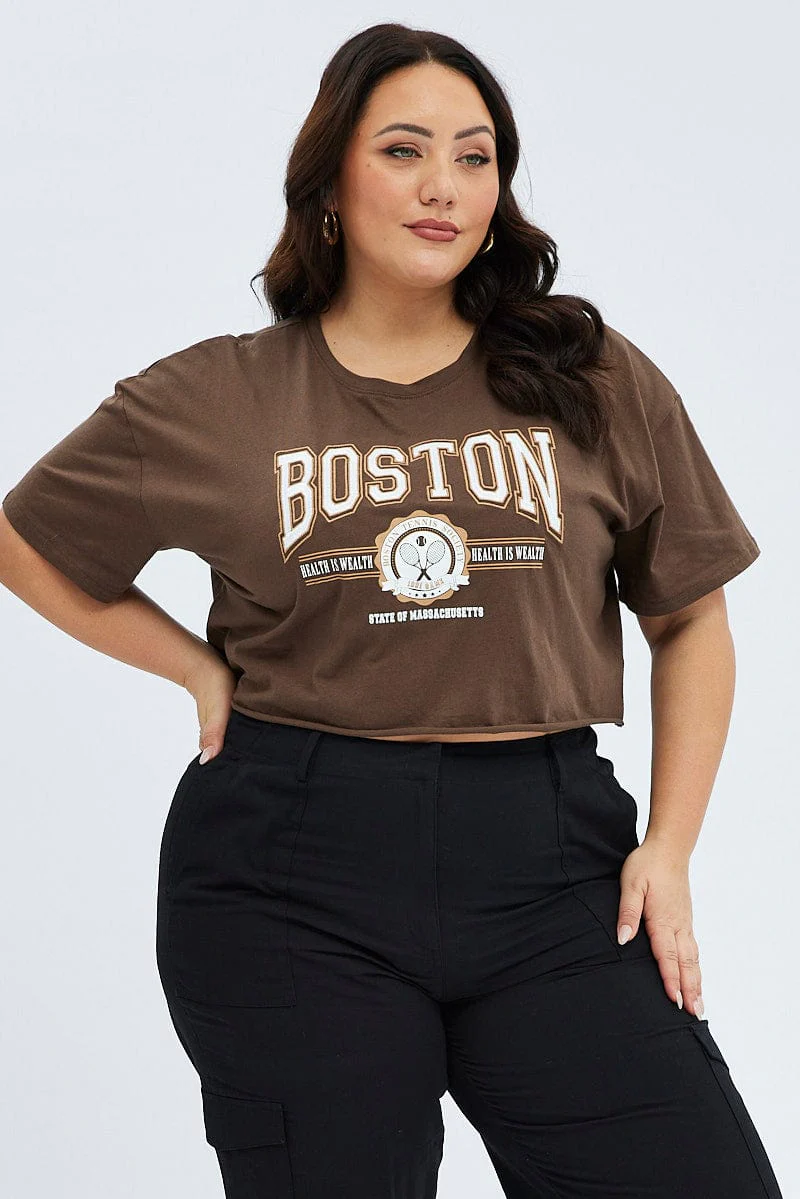 Brown Graphic T-shirt Short Sleeve Crew Neck - Image 3