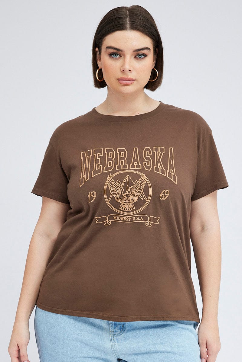 Brown Graphic T-shirt Short Sleeve Crew Neck - Image 3