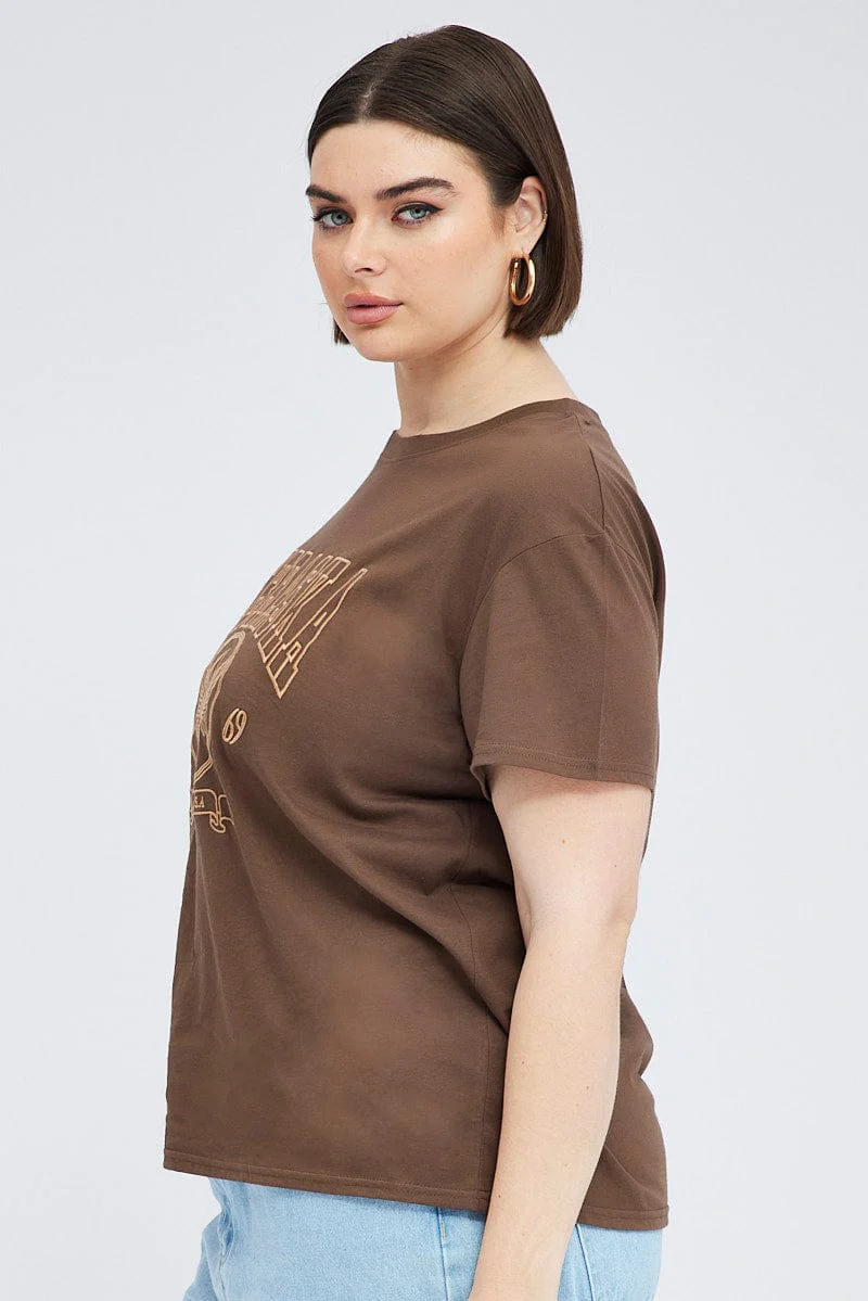 Brown Graphic T-shirt Short Sleeve Crew Neck - Image 4