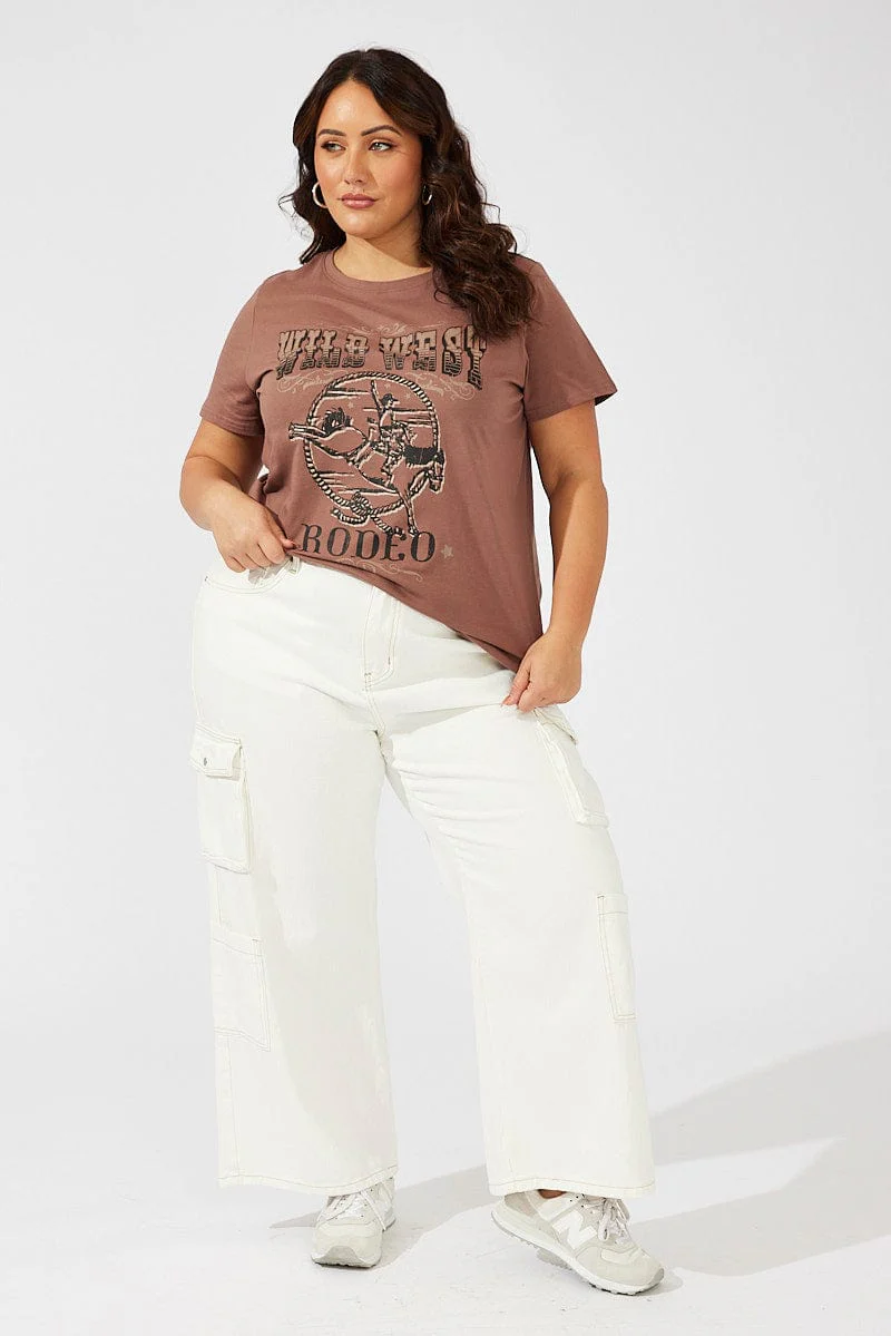Brown Graphic T-shirt Short Sleeve Crew Neck - Image 2