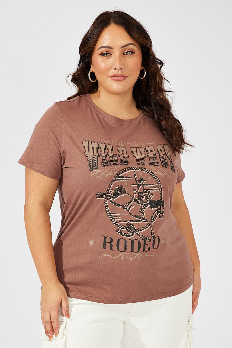 Brown Graphic T-shirt Short Sleeve Crew Neck - Image 3