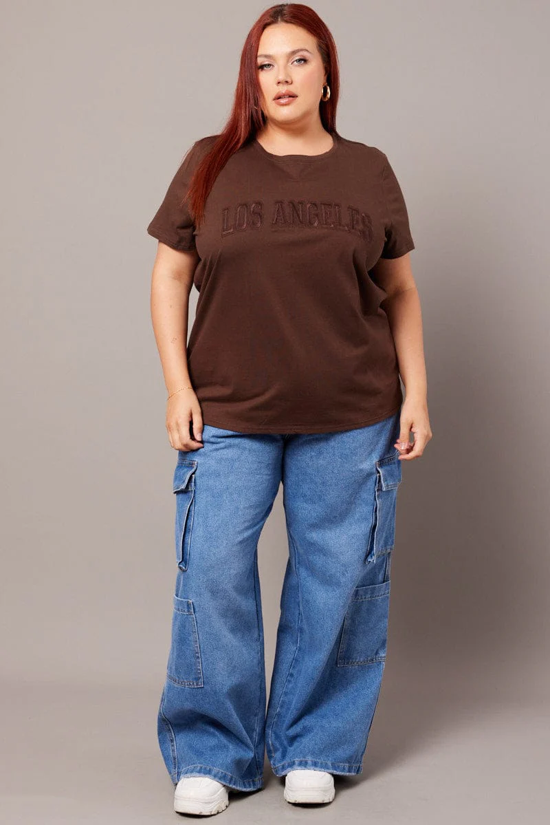 Brown Graphic T-shirt Short Sleeve Crew Neck - Image 2
