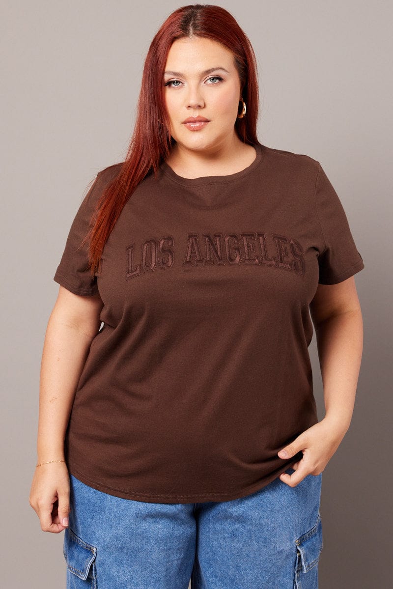 Brown Graphic T-shirt Short Sleeve Crew Neck - Image 3