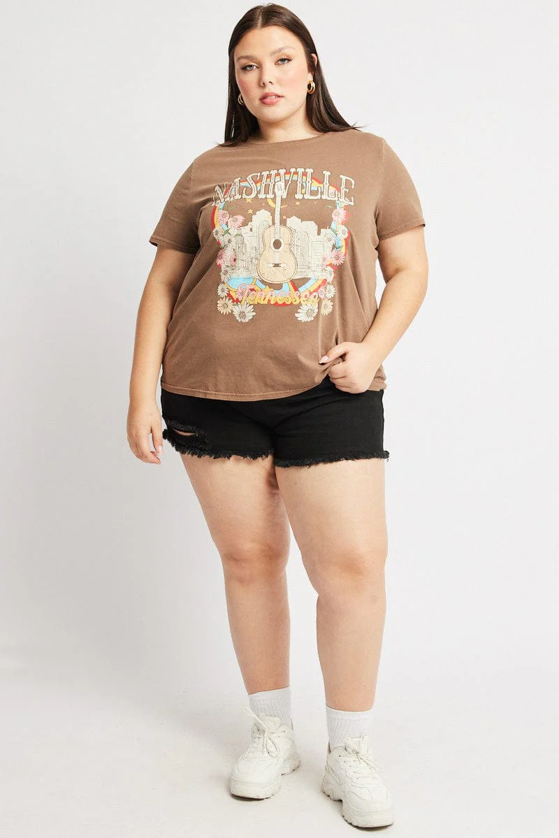 Brown Graphic T Shirt Short Sleeve Crew Neck - Image 2