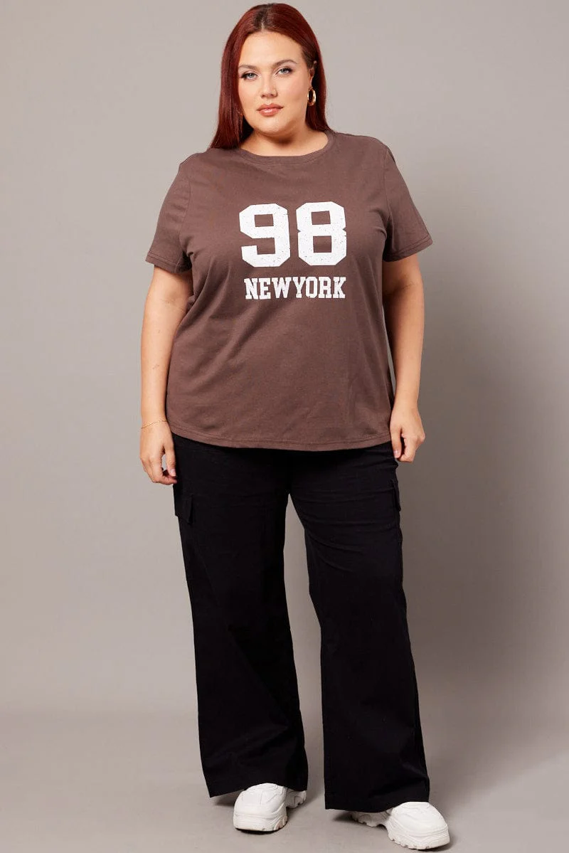 Brown Graphic T-shirt Short Sleeve Crew Neck - Image 2