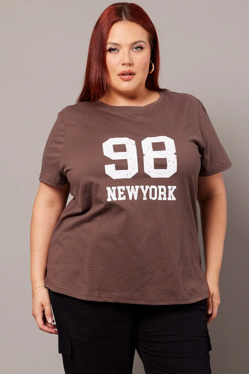 Brown Graphic T-shirt Short Sleeve Crew Neck - Image 3
