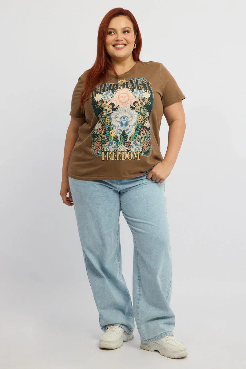 Brown Graphic T-shirt Short Sleeve Crew Neck - Image 2