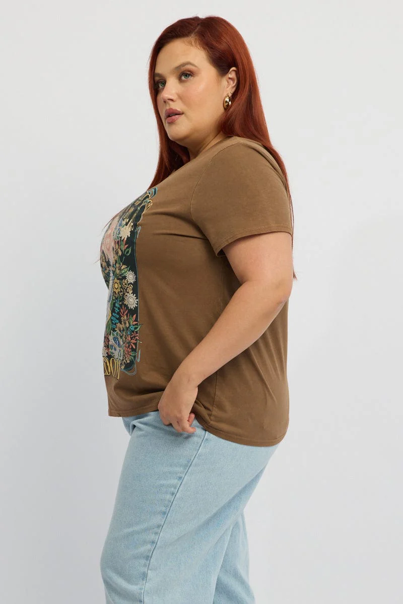 Brown Graphic T-shirt Short Sleeve Crew Neck - Image 3