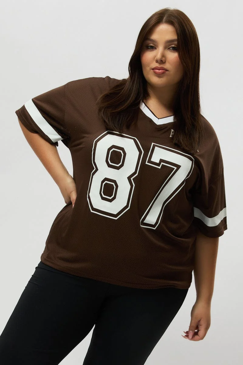 Brown Graphic T Shirt Short Sleeve V Neck - Image 3