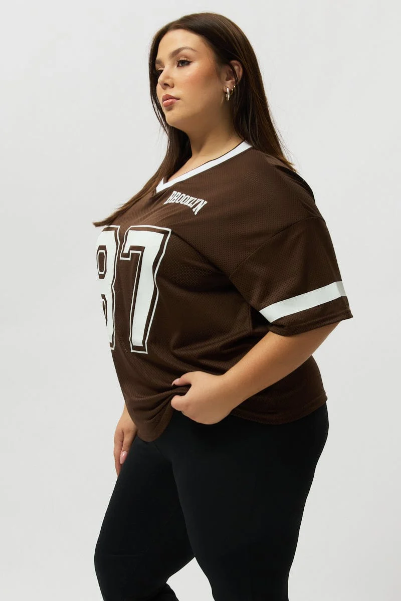 Brown Graphic T Shirt Short Sleeve V Neck - Image 4