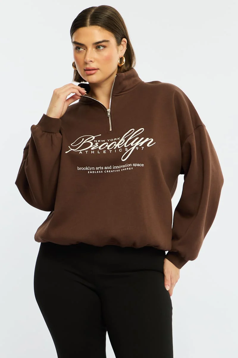 Brown Half Zip Sweat Top Long Sleeve - Image 4