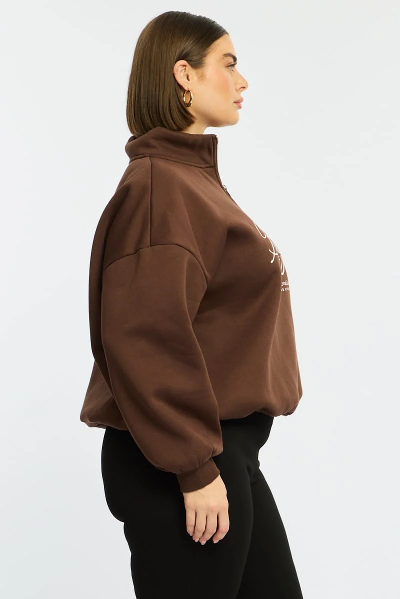 Brown Half Zip Sweat Top Long Sleeve - Image 5