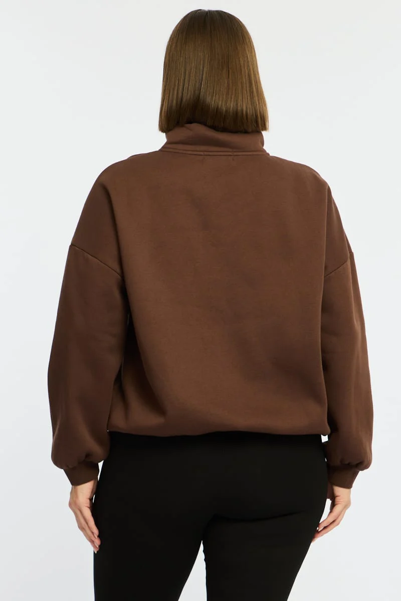 Brown Half Zip Sweat Top Long Sleeve - Image 6