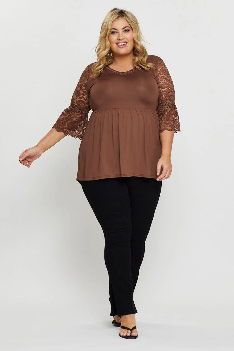 Brown Hem Top Lace V-neck Three-Quarter Sleeve Gathered - Image 2