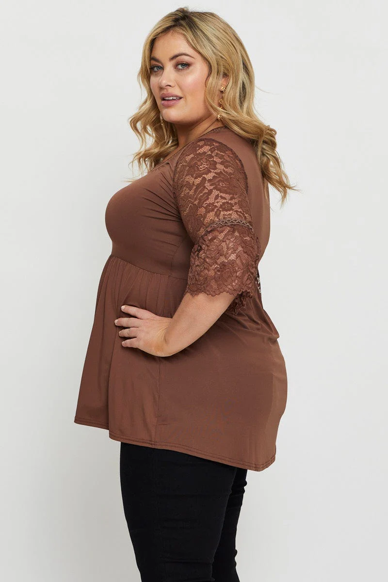 Brown Hem Top Lace V-neck Three-Quarter Sleeve Gathered - Image 3