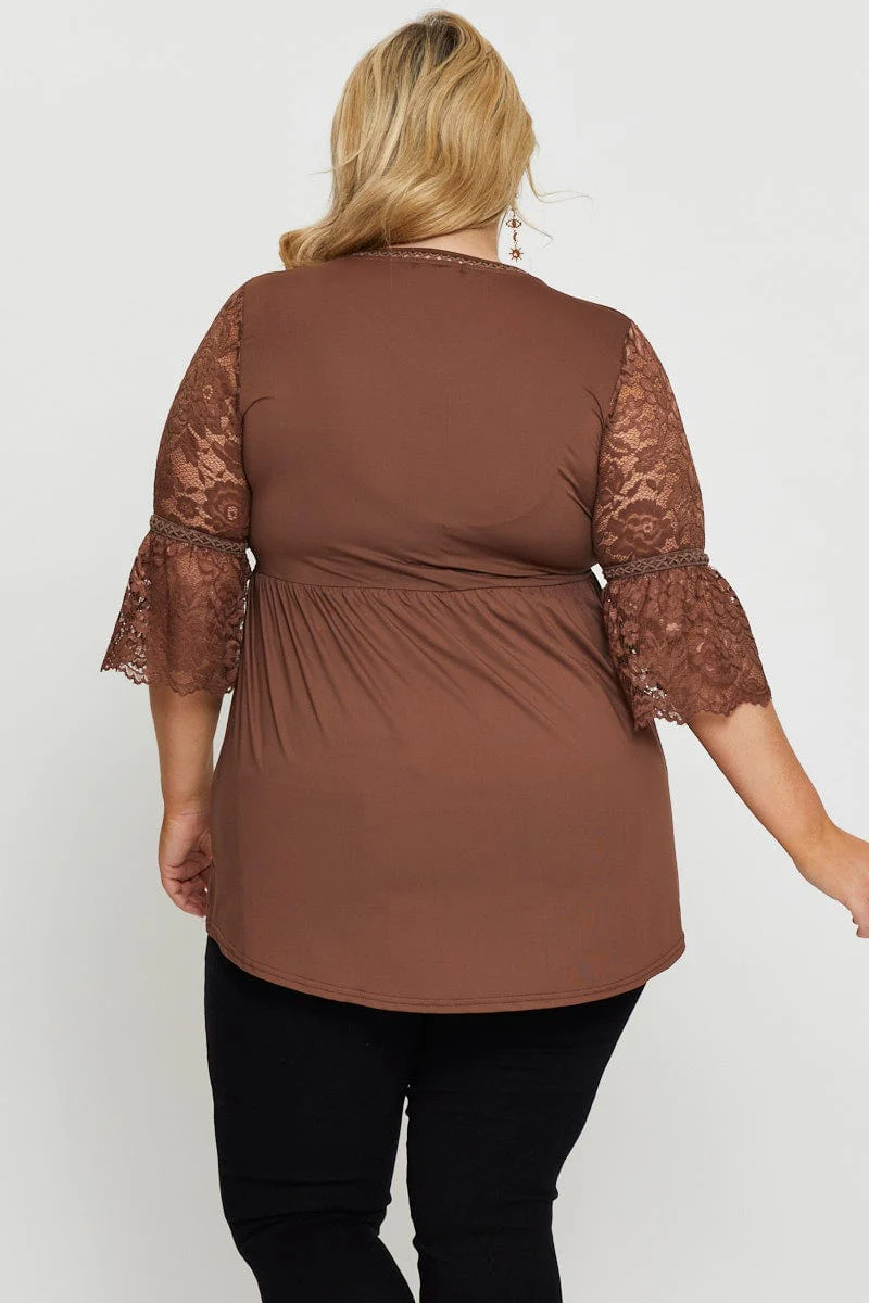 Brown Hem Top Lace V-neck Three-Quarter Sleeve Gathered - Image 4