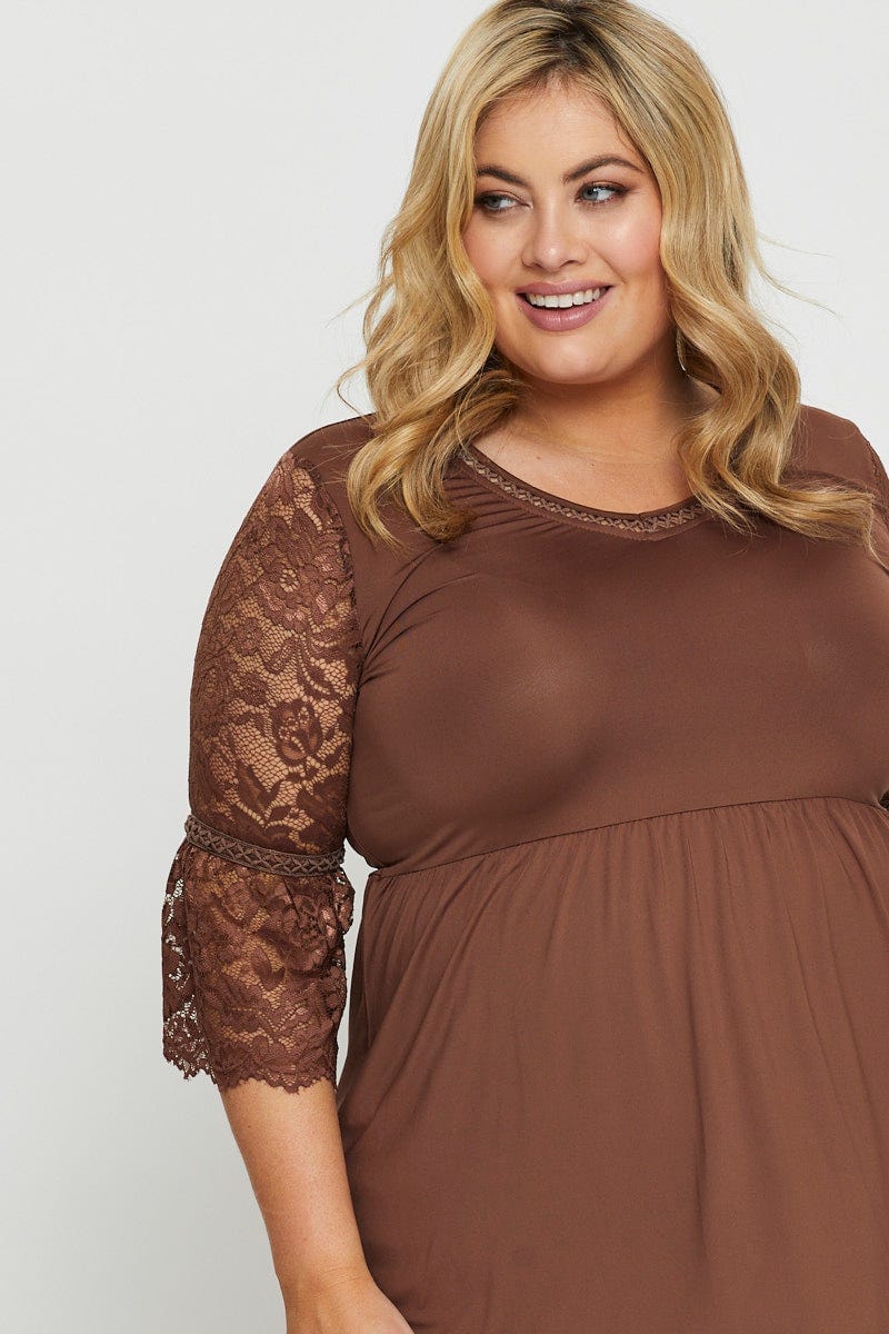 Brown Hem Top Lace V-neck Three-Quarter Sleeve Gathered - Image 5