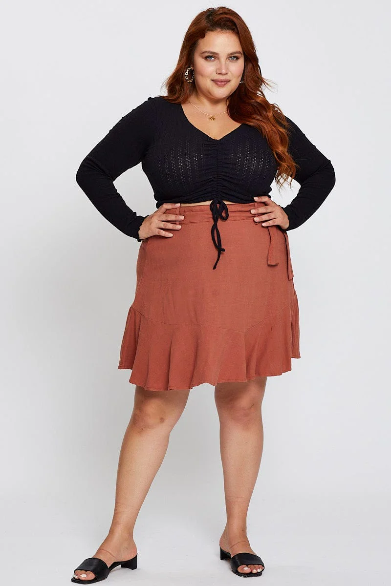 Brown High Waist Linen Blend Belted Skirt - Image 3