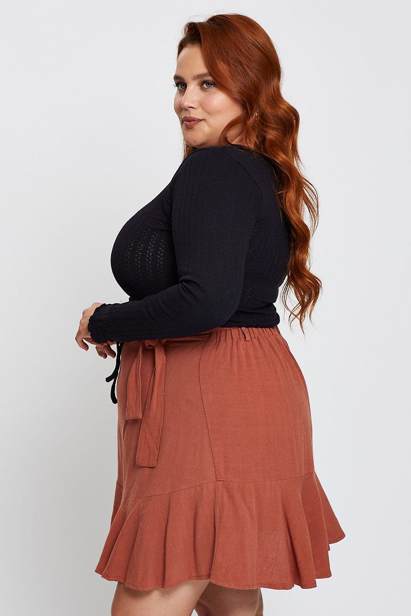 Brown High Waist Linen Blend Belted Skirt - Image 4