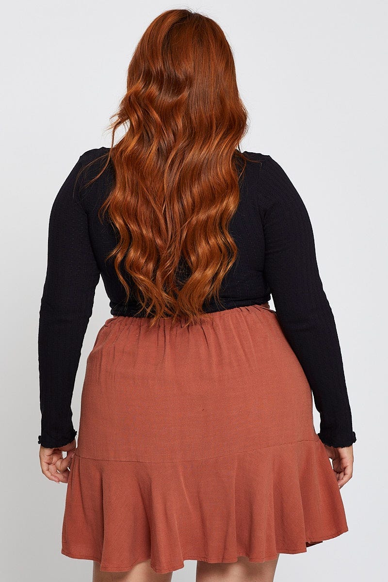 Brown High Waist Linen Blend Belted Skirt - Image 5