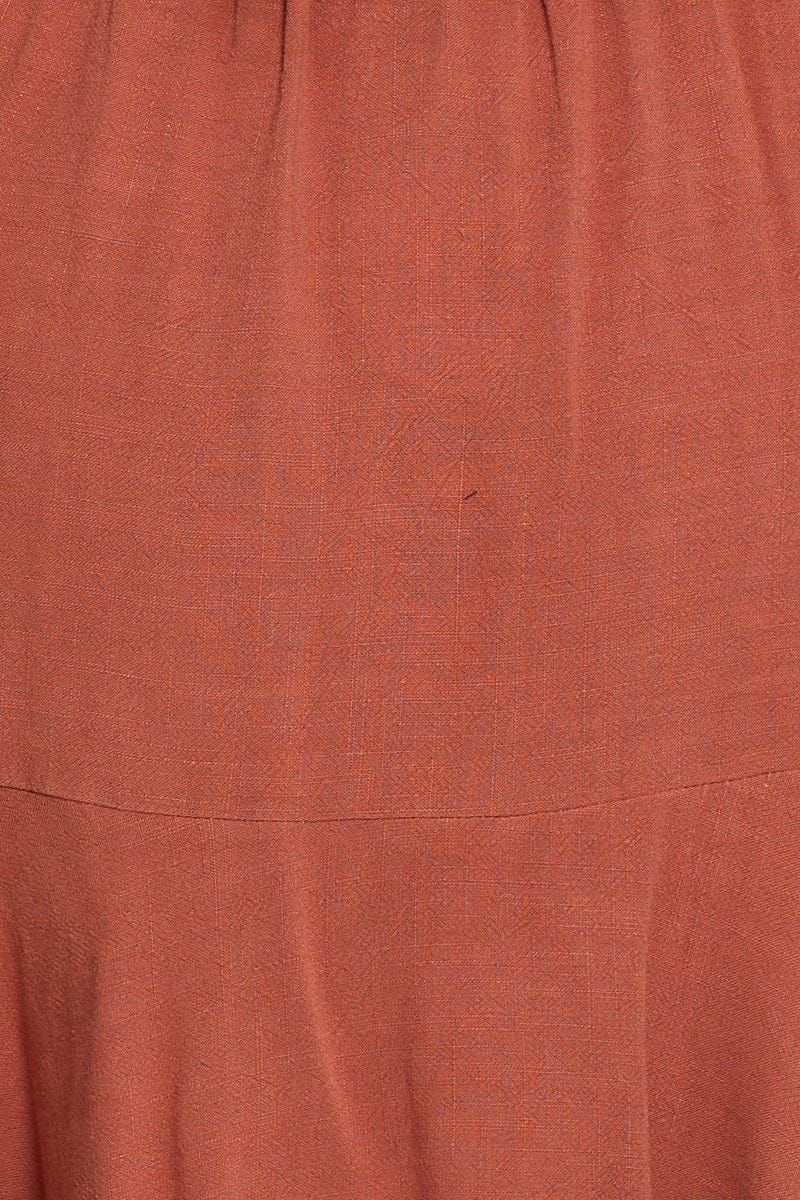 Brown High Waist Linen Blend Belted Skirt - Image 6