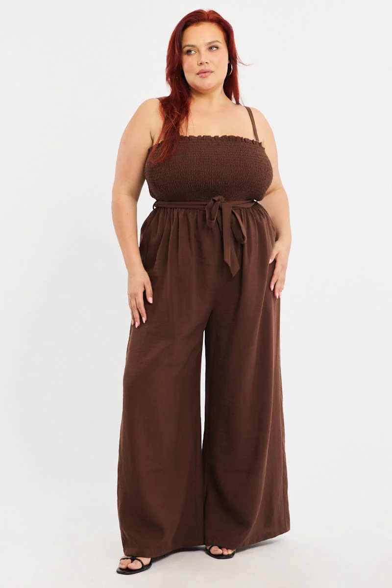 Brown Jumpsuit Sleeveless Shirred Body Wide Leg - Image 2