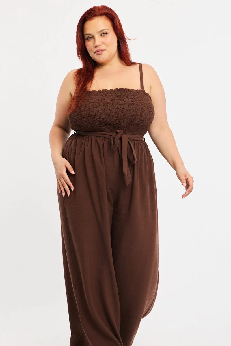 Brown Jumpsuit Sleeveless Shirred Body Wide Leg - Image 3