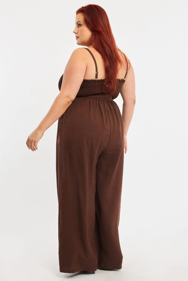 Brown Jumpsuit Sleeveless Shirred Body Wide Leg - Image 4