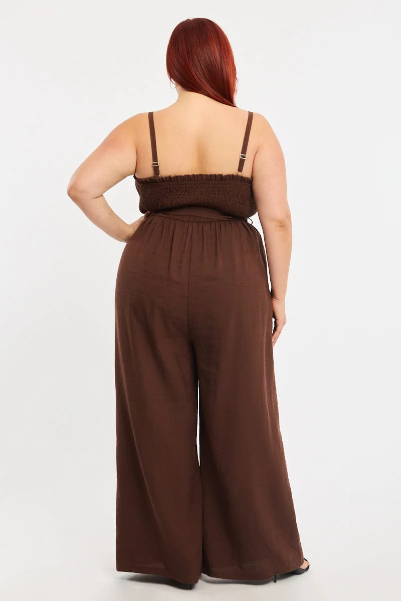 Brown Jumpsuit Sleeveless Shirred Body Wide Leg - Image 5
