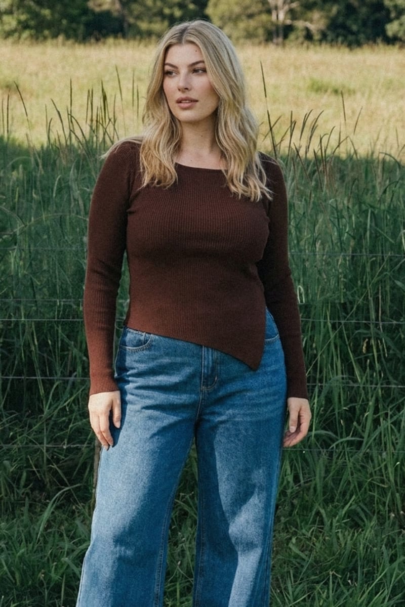 Brown Knit Top Long Sleeve Asymmetrical Hem