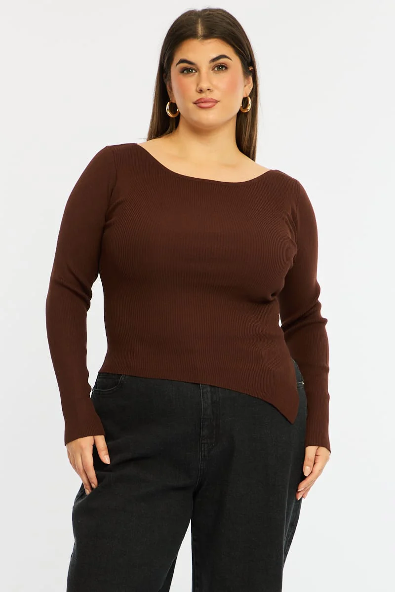 Brown Knit Top Long Sleeve Asymmetrical Hem - Image 2