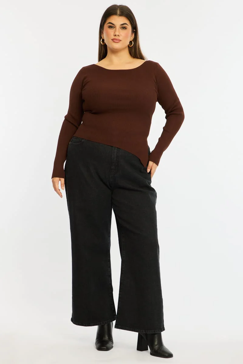 Brown Knit Top Long Sleeve Asymmetrical Hem - Image 3