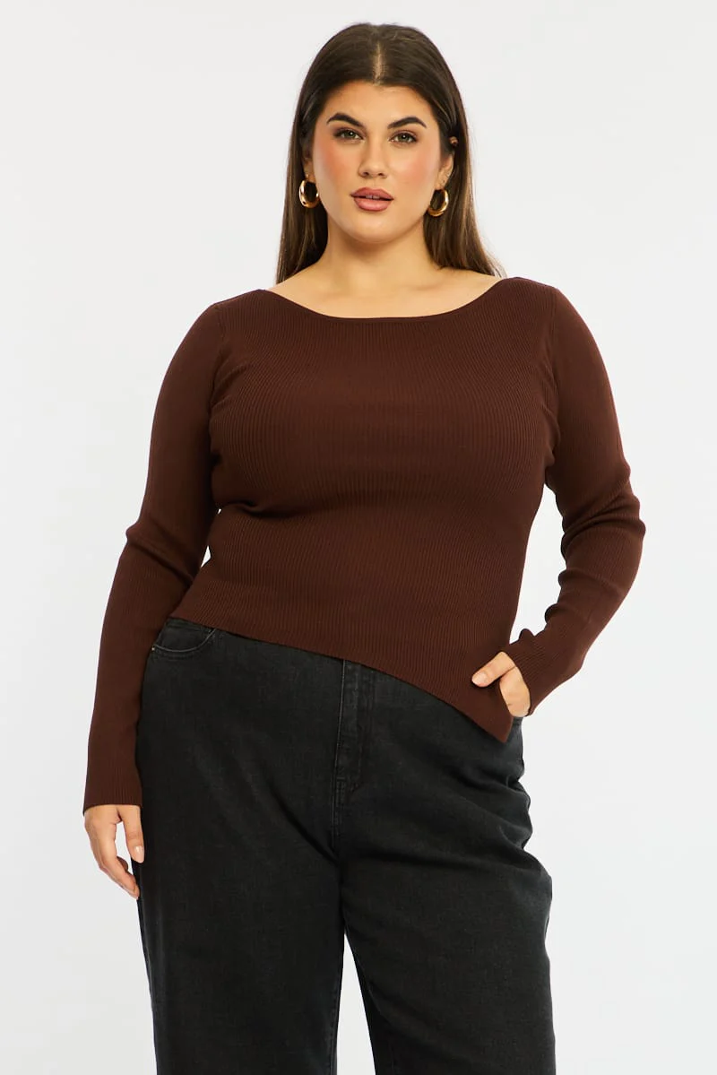 Brown Knit Top Long Sleeve Asymmetrical Hem - Image 4