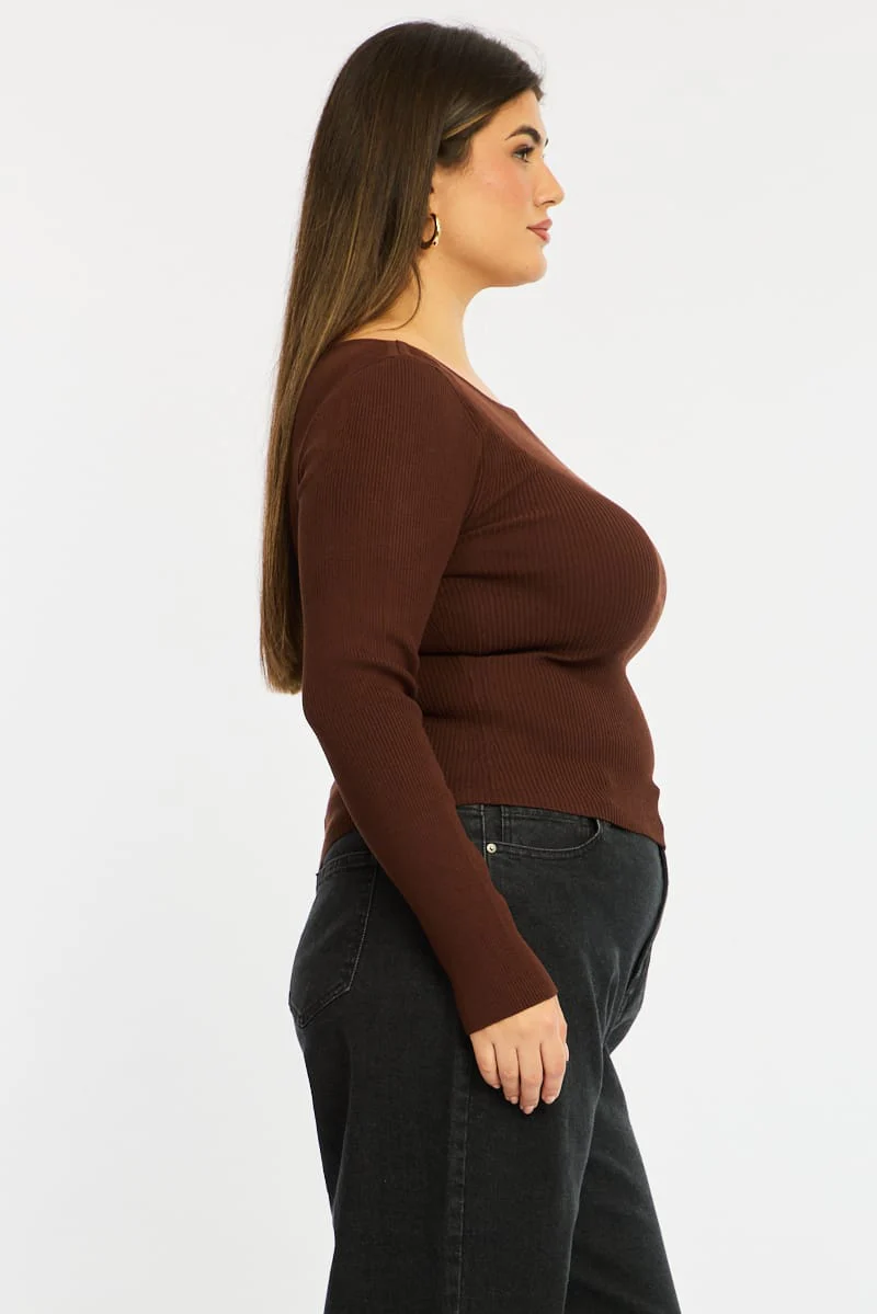 Brown Knit Top Long Sleeve Asymmetrical Hem - Image 5