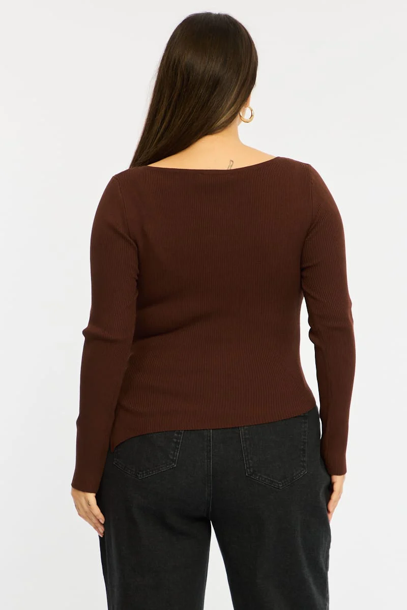 Brown Knit Top Long Sleeve Asymmetrical Hem - Image 6