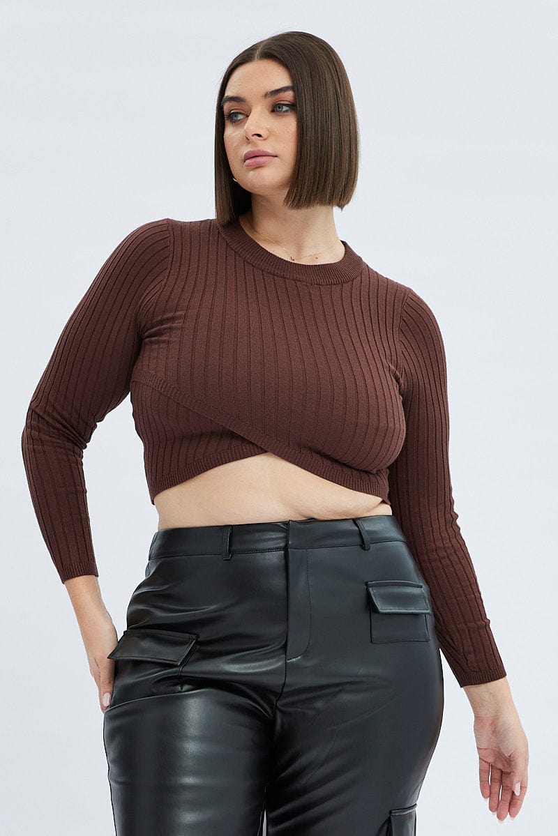 Brown Knit Top Long Sleeve Crop