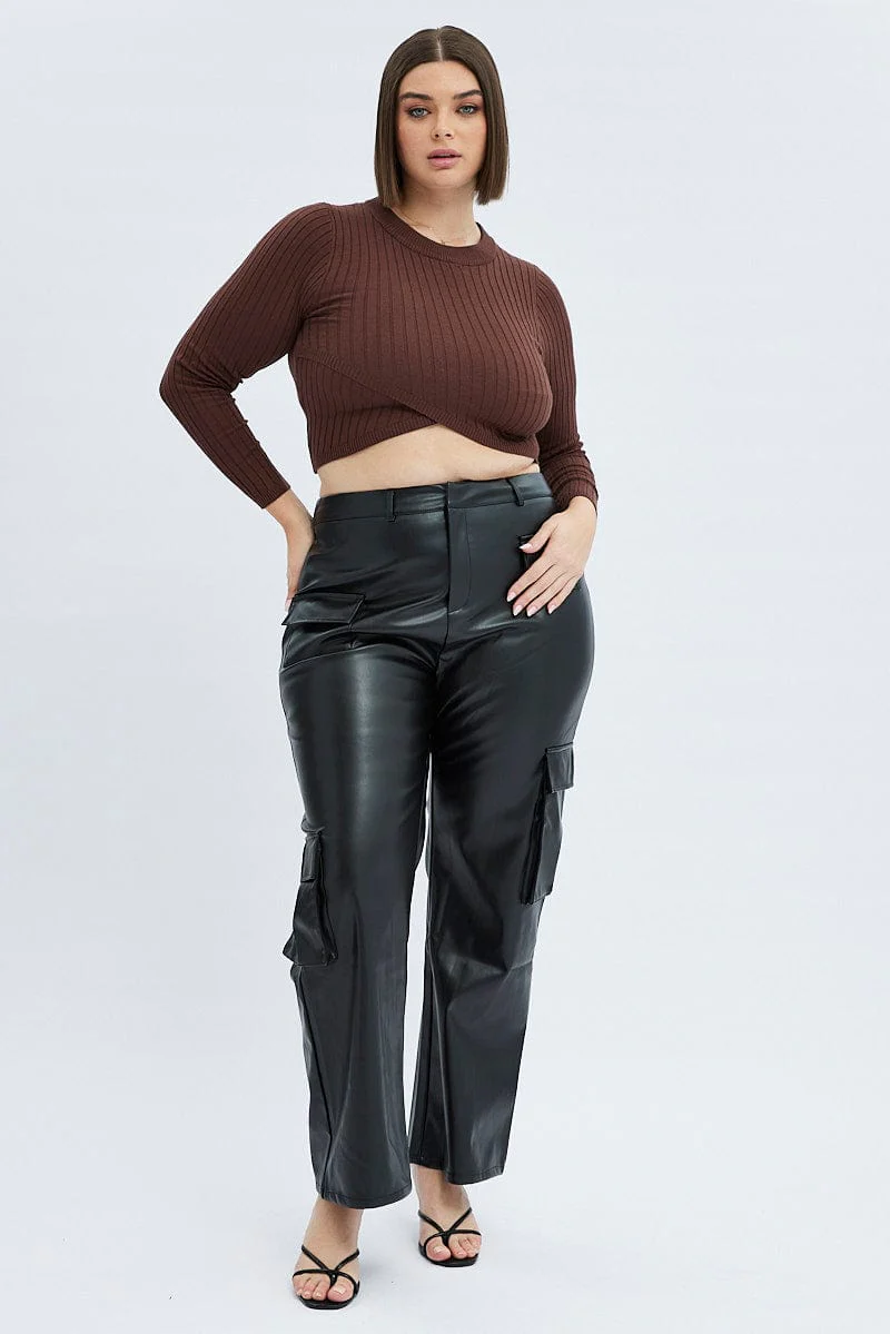 Brown Knit Top Long Sleeve Crop - Image 2