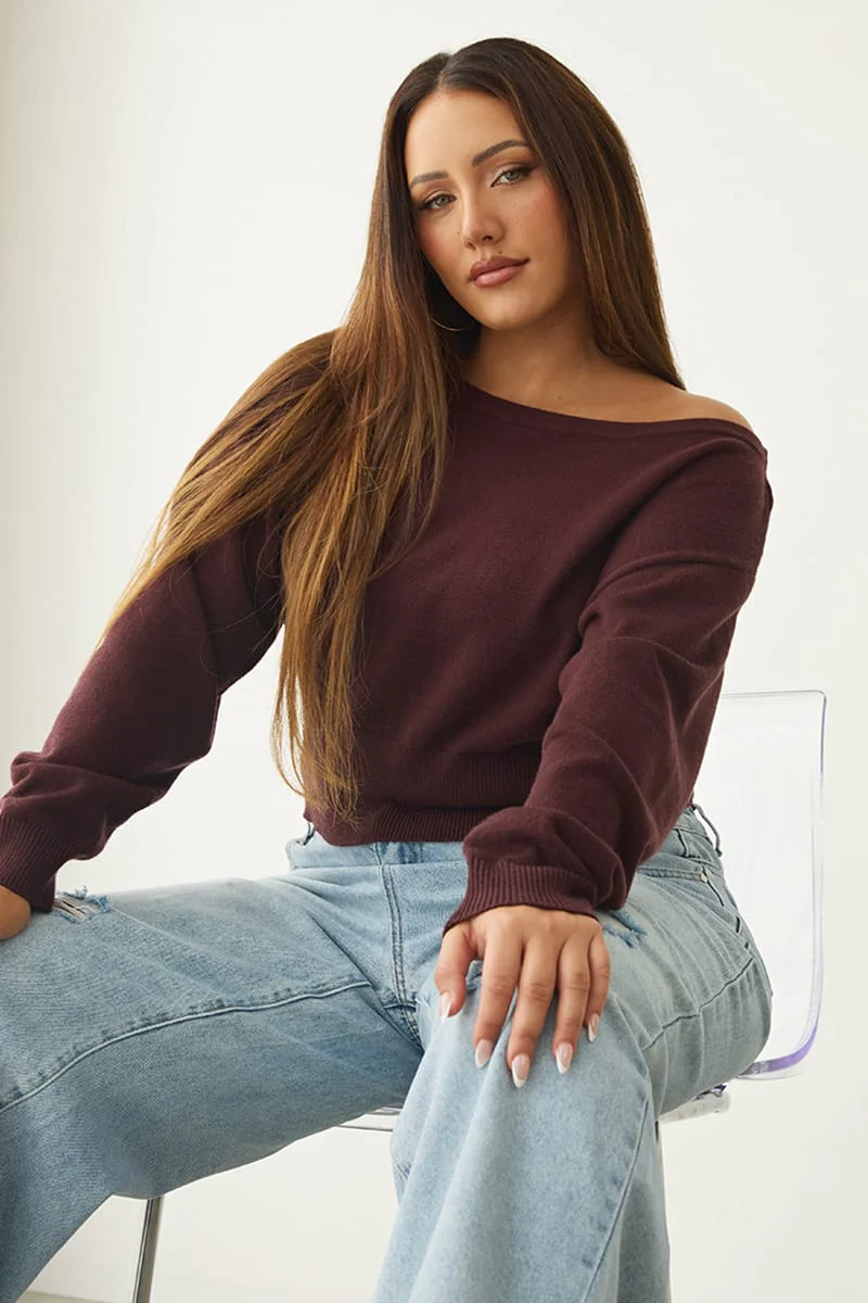 Brown Knit Top Off Shoulder Long Sleeve