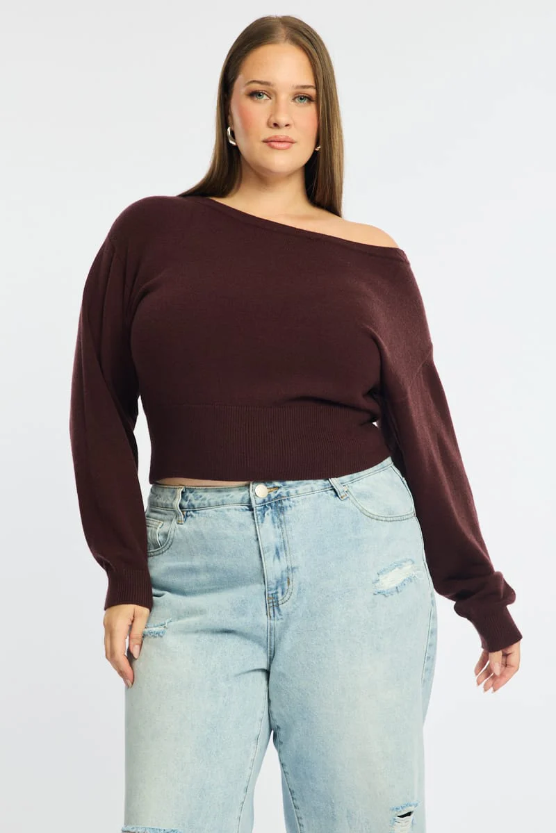 Brown Knit Top Off Shoulder Long Sleeve - Image 2