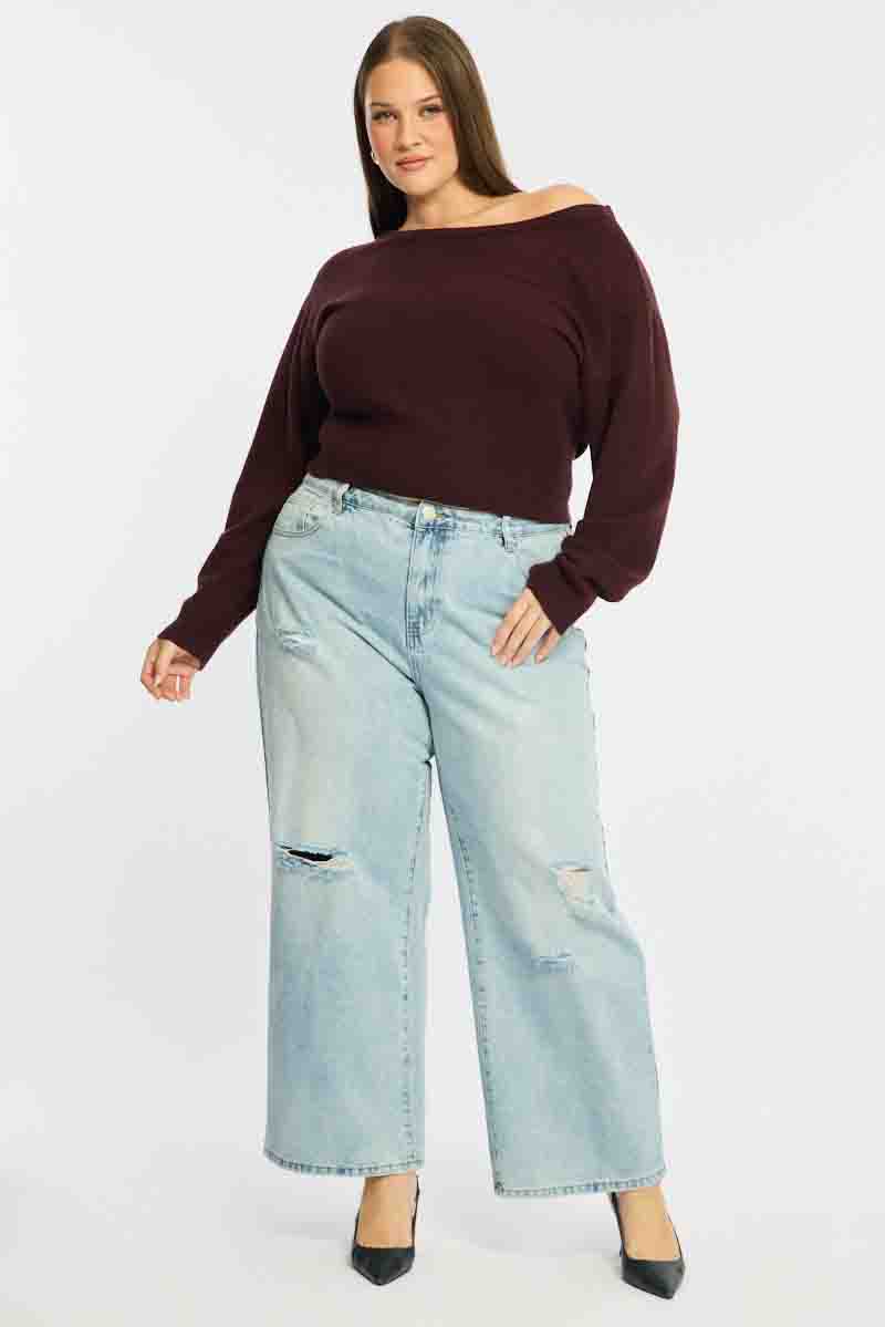 Brown Knit Top Off Shoulder Long Sleeve - Image 3