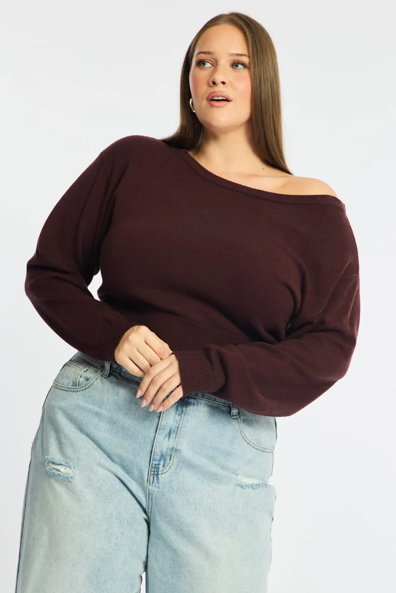 Brown Knit Top Off Shoulder Long Sleeve - Image 4