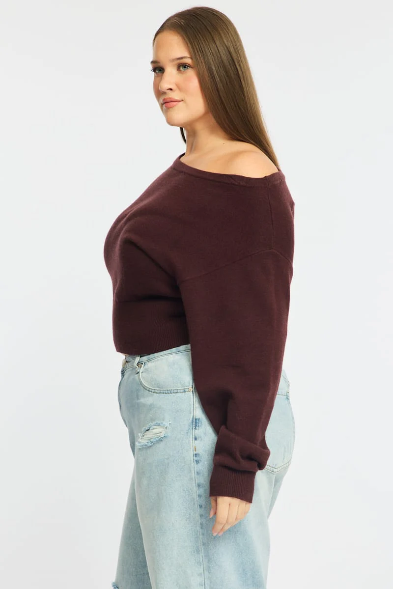 Brown Knit Top Off Shoulder Long Sleeve - Image 5
