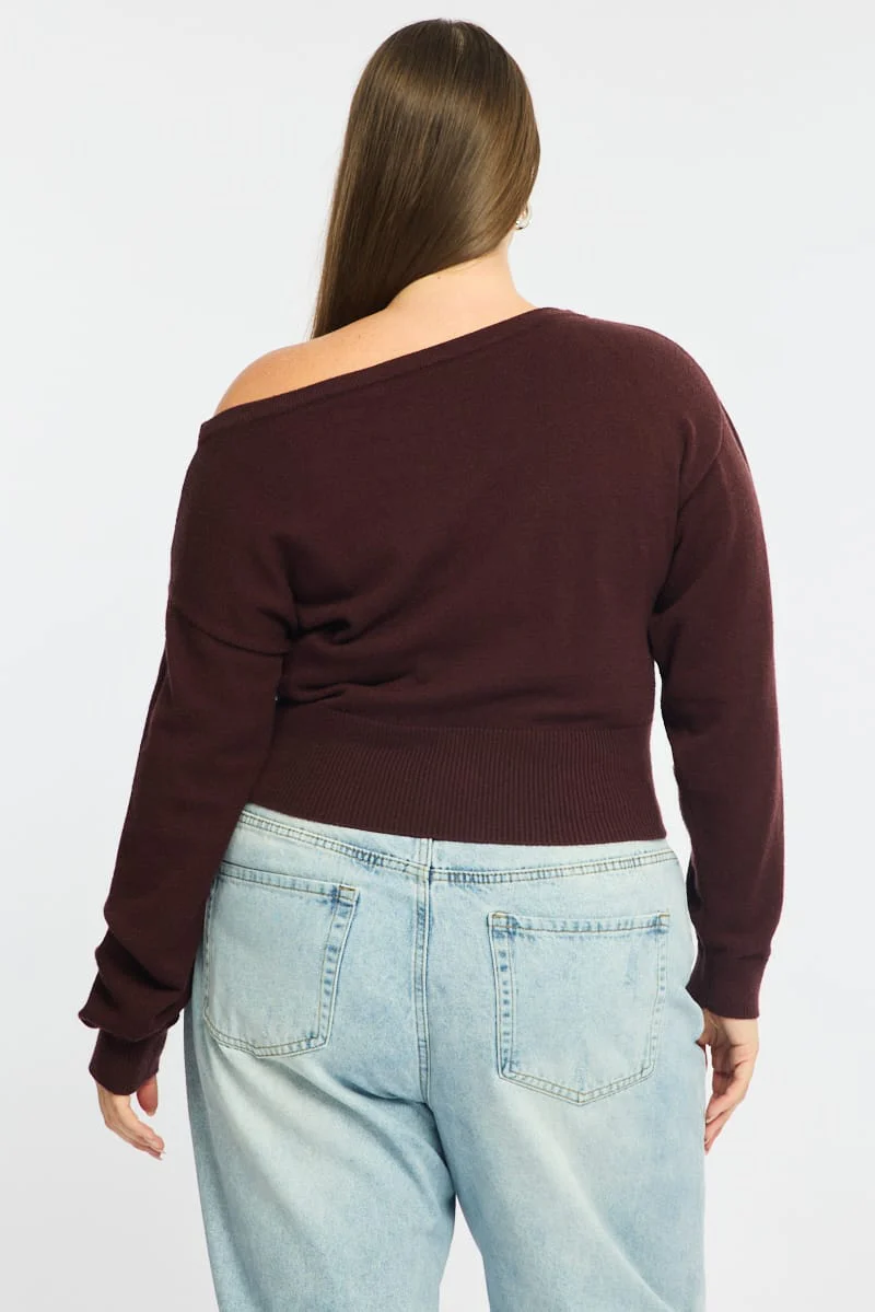 Brown Knit Top Off Shoulder Long Sleeve - Image 6