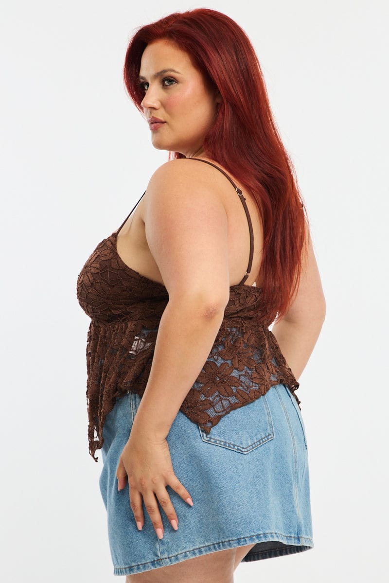 Brown Lace Cami Top Sleeveless Asymmetric Hem - Image 3