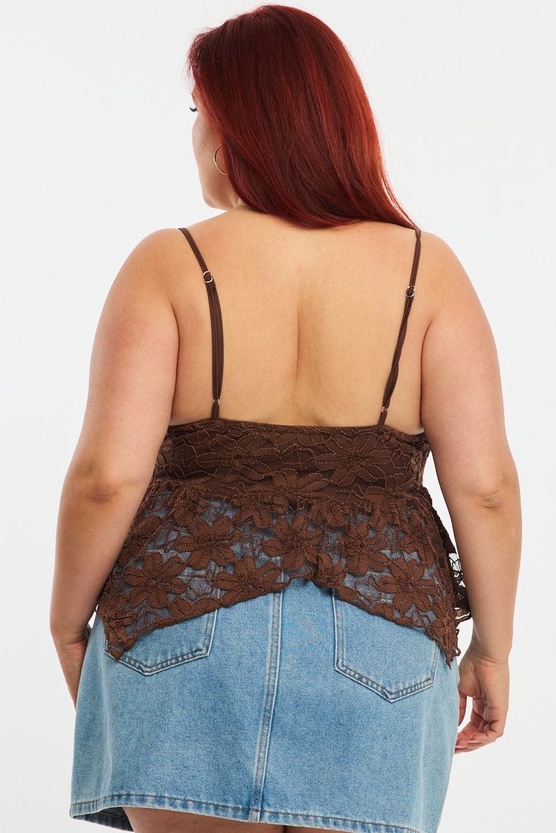 Brown Lace Cami Top Sleeveless Asymmetric Hem - Image 4