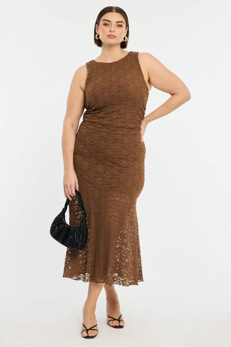 Brown Lace Dress Sleeveless Ruffle